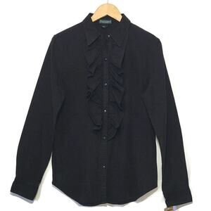 Ralph Lauren Ruffle Front Long Sleeve Button Down Cotton Black Shirt Size L